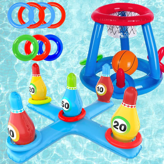 LAMOOER Inflatable Pool Basketball Toy, Bowling Cross Throw Set, Floating Swim Ring and Beach Ball Toss games, Summer Party, Fun Favors, Water Battle Game for Kids and adults.