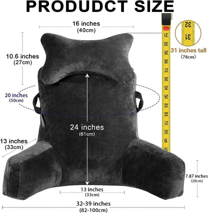 Reading pillow extra large, 31 inches, bed rest pillow with removable neck roll and arms for sitting in bed or on the couch, back support, reading pillow, back pillow for adults, watching TV, black