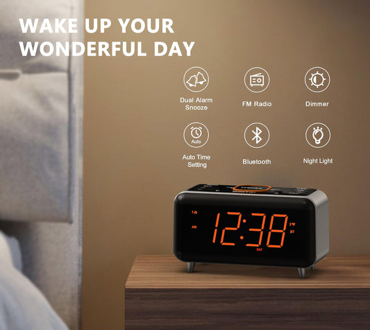 iTOMA clock radio with app control, Bluetooth, FM radio, dual alarm from 4 alarm modes, easy snooze, dimmer, orange night light, 12/24 hr through USB charging port CKS208