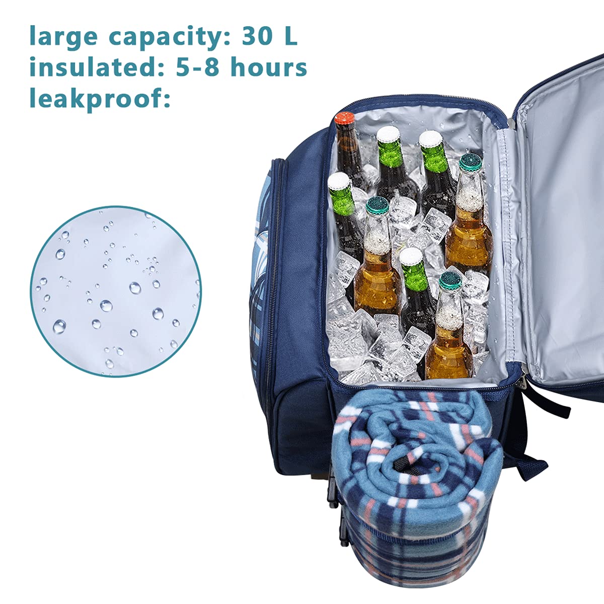 Hap Tim picnic basket backpack for 2 people with insulated leakproof cooler compartment, wine holder, fleece blanket, cutlery set, perfect for beach camping party (EU-36083-BL)