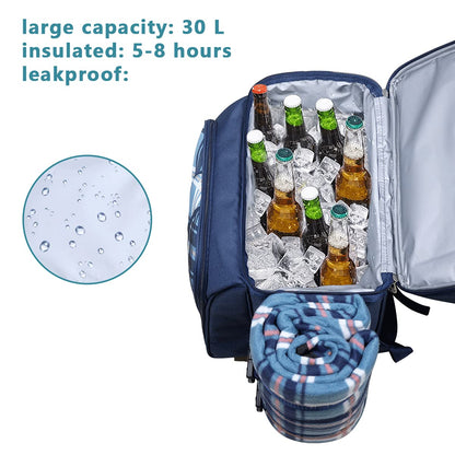 Hap Tim picnic basket backpack for 2 people with insulated leakproof cooler compartment, wine holder, fleece blanket, cutlery set, perfect for beach camping party (EU-36083-BL)