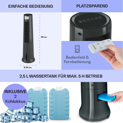 Klarstein portable air conditioner without exhaust hose, 4-in-1 air cooler, quiet fan, humidifier & night mode, mobile air cooler with water cooling, 40 watt, airflow 530m³/h, silver grey.