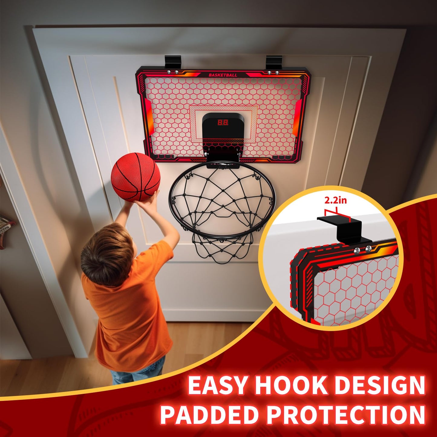 HYES Mini Basketball Hoop with 7 Lights for Kids, 3 Modes, Electronic Scoreboard, 3 Balls, Pump, Indoor Outdoor Sports Toy, Red