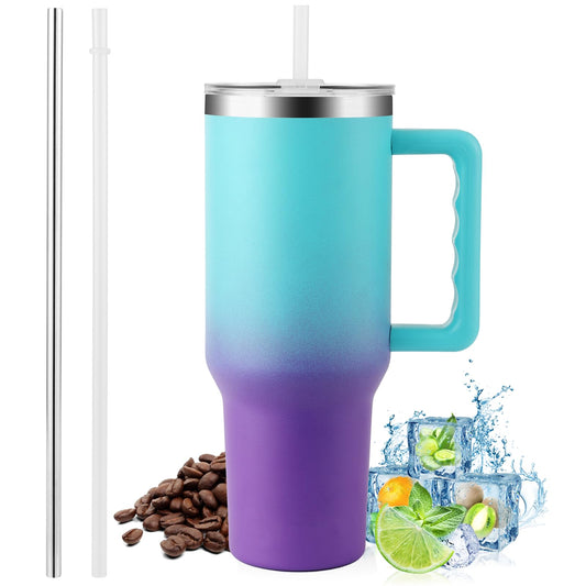 PRAOAHEI 40oz/1180 ML thermos cup with straw and handle, coffee mug to go, leak-proof drinking cup with lid, double-walled stainless steel cold hot vacuum cup, thermo blue purple.