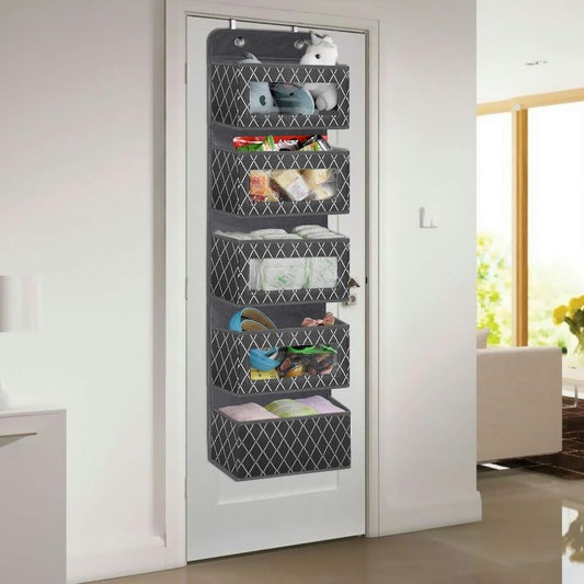 VERONLY Hanging Organizer Door Organizer Hanging Bathroom, Hanging Storage with 5 Large Pockets with Window and 2 Metal Hooks, Hanging Shelf for Nursery Bedroom Office Bathroom