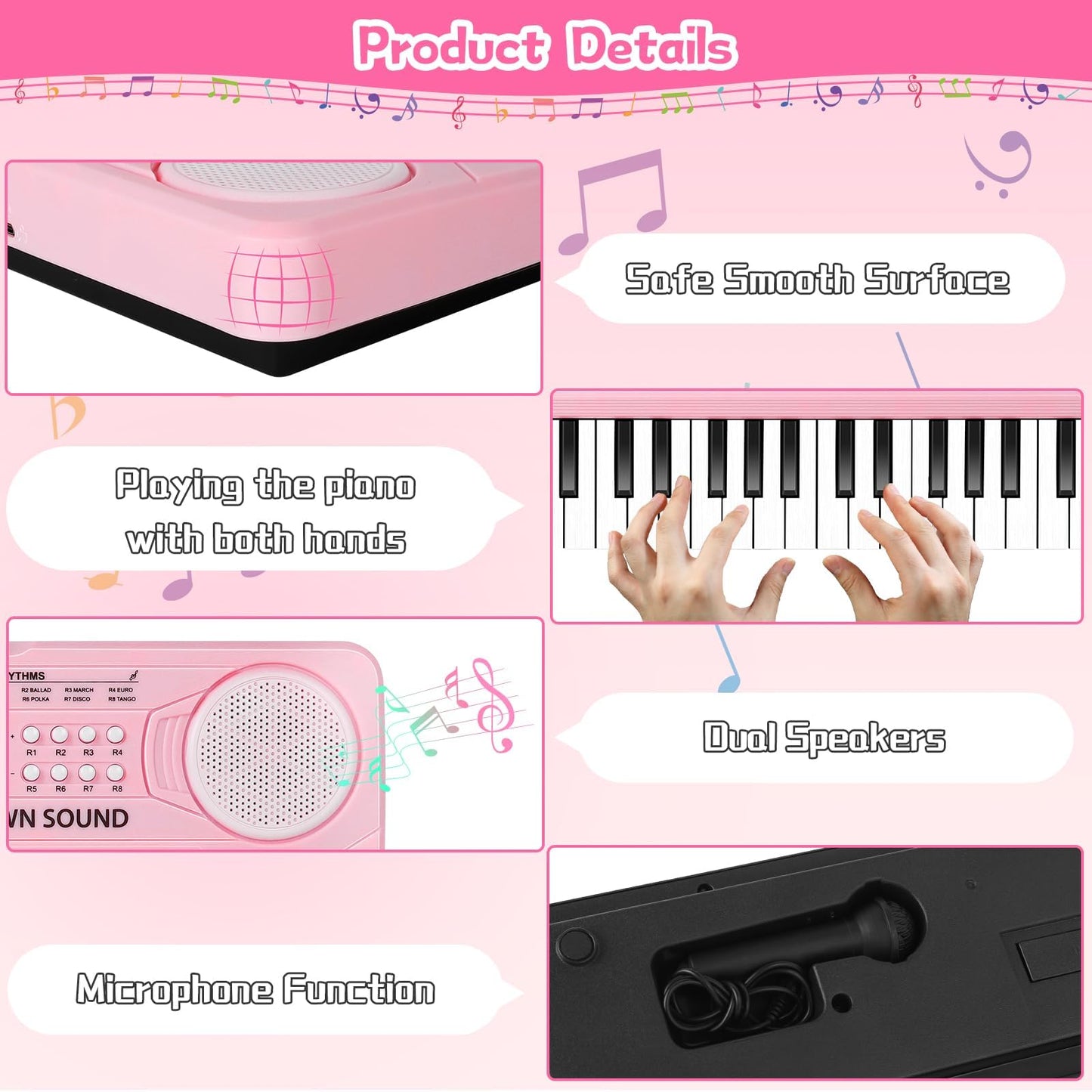 Hilifexll Keyboard for Kids 3+, Portable Multifunctional Children's Keyboard with 37 Keys and Microphone, Musical Toy Piano Keyboard Learning Toy Gift for Boys Girls 3-6 Years Old, Pink.