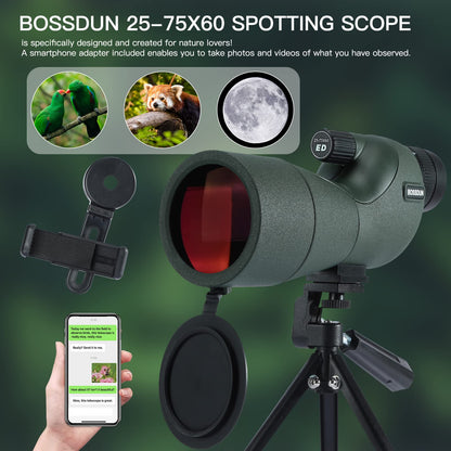 25-75X60 spotting scope for target shooting, hunting, bird watching, wildlife observation. Low light vision scope with metal tripod, phone adapter, carrying case, BAK4 prism, FMC lens, fog-proof (60G).
