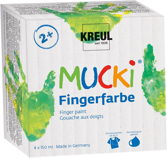 Kreul 23051 - Mucki finger paint for royal children, 6 x 50 ml & 2314 - Mucki vibrant finger paint, 4 x 150 ml in yellow, red, blue, and green, paraben-free, gluten-free, lactose-free, and vegan.