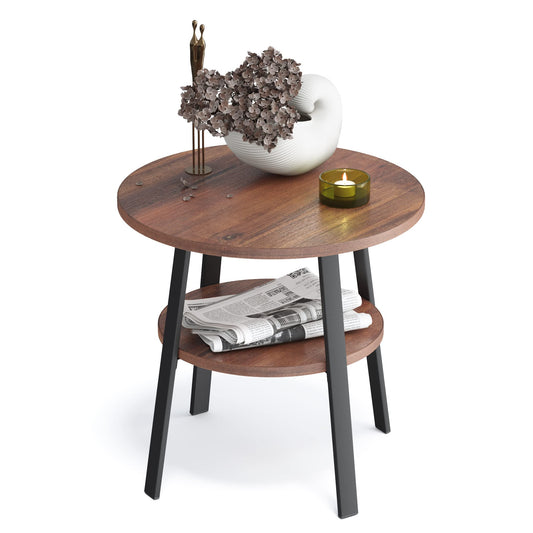 stardis side table round stable metal frame/wood Ø43xH 44 cm, 2 shelves bedside table coffee table for living room bedroom, walnut finish
