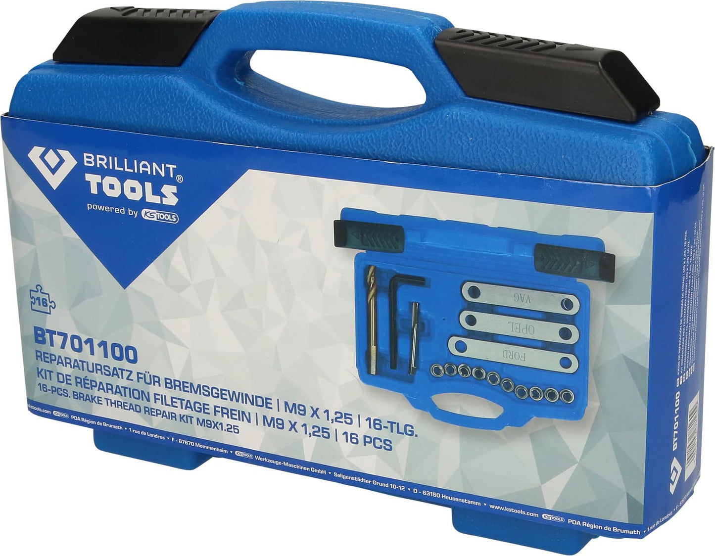 BRILLIANT TOOLS BT701100 16-piece brake thread repair kit, M9 x 1.25, [Powered by KS TOOLS]