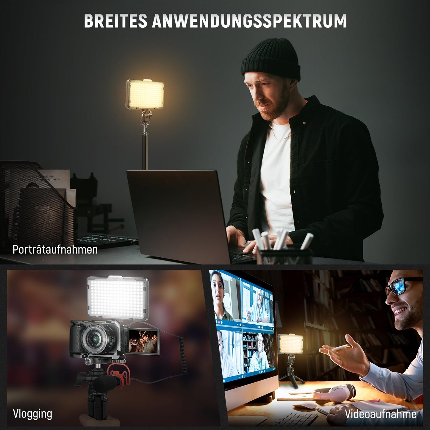NEEWER 176 LED Video Light Set: Dimmable video light panel, streaming light with 2200mAh Li-Ion battery, key light with USB charger and carrying bag for product and portrait lighting camera photography.