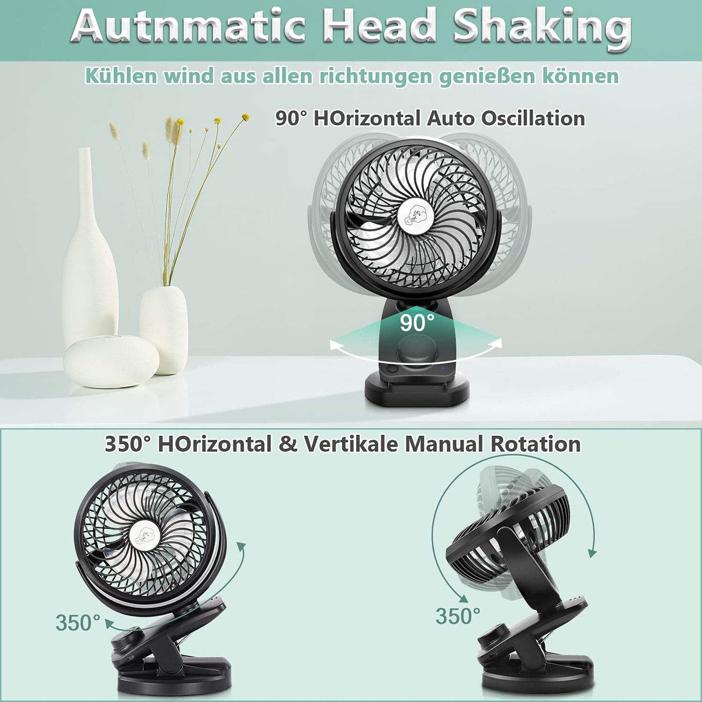 Upgraded mini USB clip fan with 5000mAh 2 in 1 table fan clip fan, auto-oscillating, quiet, stepless speed USB rechargeable portable fan for office camping Ø14.5cm
