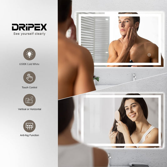 Dripex bathroom mirror wall mirror LED illuminated bathroom mirror with touch switch fog-free cool white 6400K energy-saving light mirror 60x100 cm