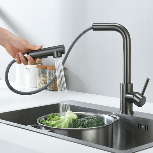 Kitchen faucet with pull-out spray, CECIPA high-pressure kitchen tap, kitchen mixer with 2 spray modes, single handle sink tap in brushed stainless steel, 360° swivel, gray black.