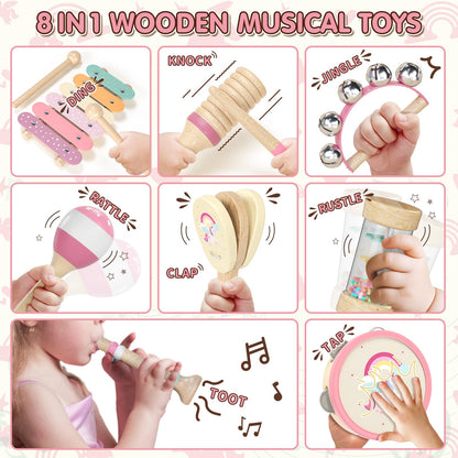 Lehoo Castle music instruments for kids, Montessori wooden toys for ages 2-3, instrument set with xylophone drum for preschool, music learning toy gift for baby girl boy.