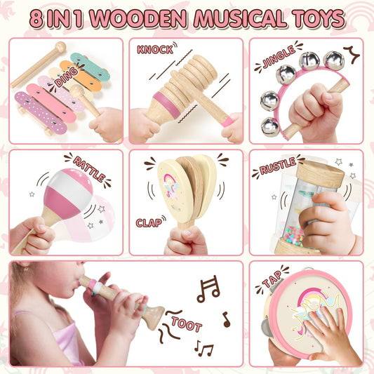 Lehoo Castle music instruments for kids, Montessori wooden toys for ages 2-3, instrument set with xylophone drum for preschool, music learning toy gift for baby girl boy.