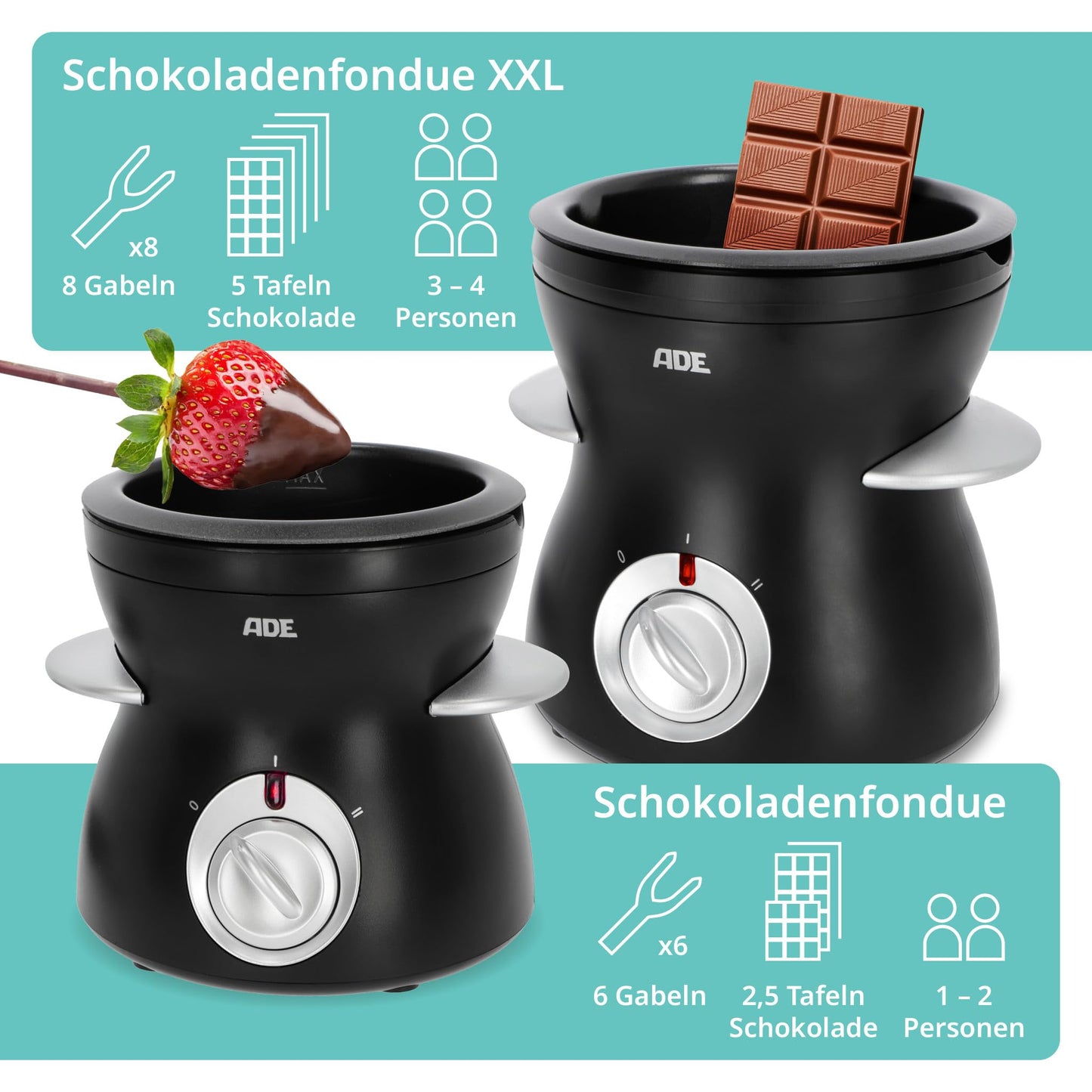 ADE Electric Chocolate Fondue 250ml with 6 skewers | 2 temperature levels for melting and keeping warm | tempering device for chocolate and couverture | removable Teflon-coated bowl