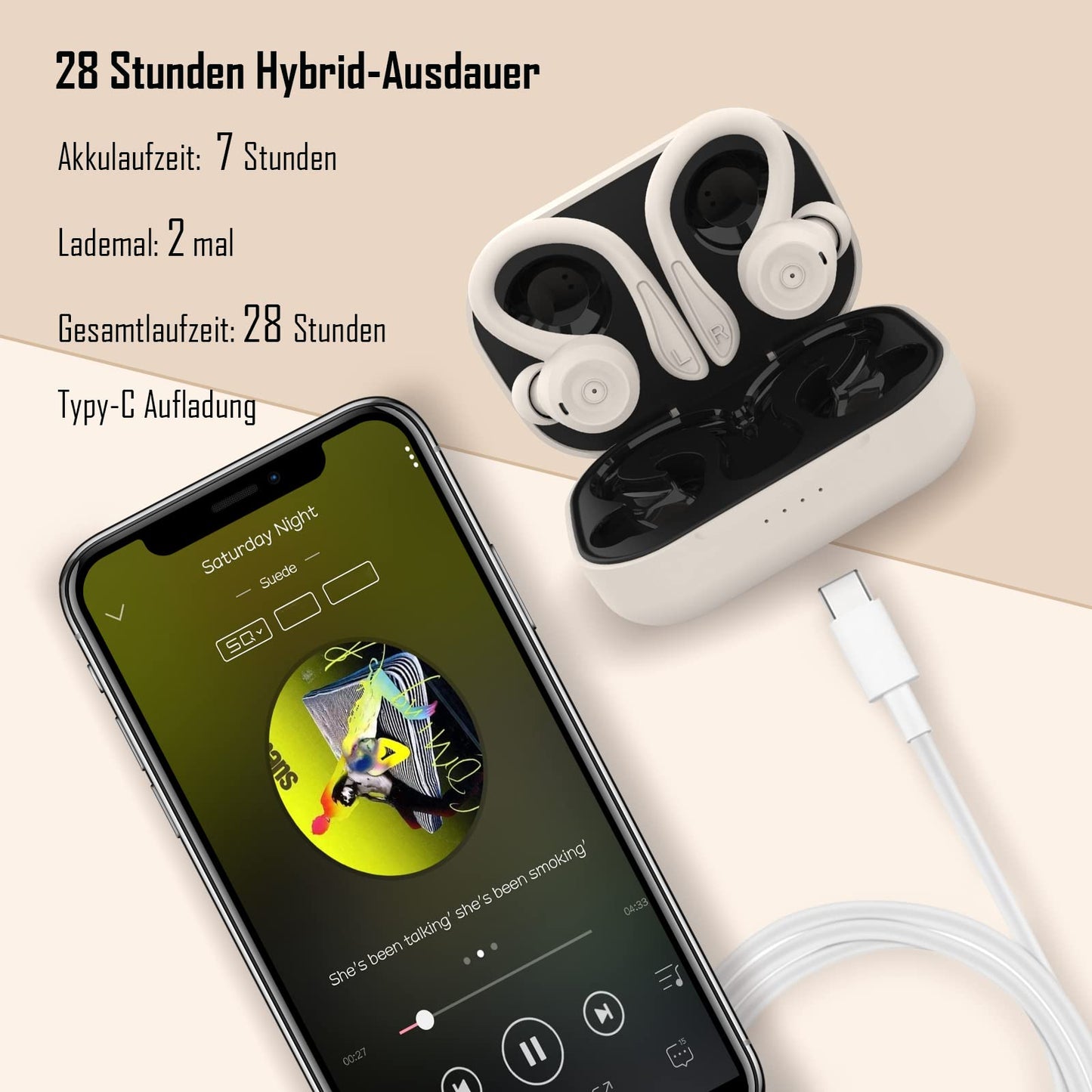 Bluetooth sport headphones in-ear, waterproof and sweatproof. Wireless with noise cancellation, microphone, and ear hooks for training, running, cycling. Compatible with iOS and Android, in beige color.