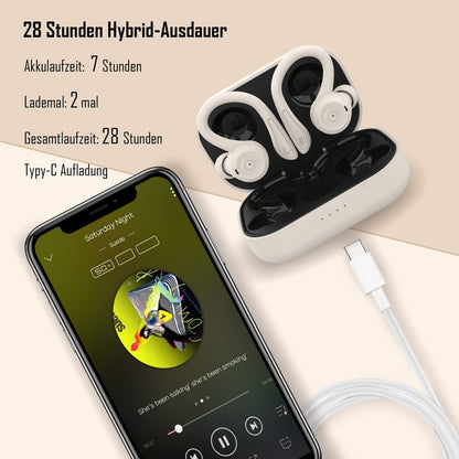 Bluetooth sport headphones in-ear, waterproof and sweatproof. Wireless with noise cancellation, microphone, and ear hooks for training, running, cycling. Compatible with iOS and Android, in beige color.