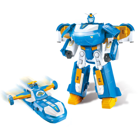 Super Wings 3-in-1 World Aircraft transforming robot with light and sound effects, featuring a 2'' transformable robot Jett. Transformable toy for girls and boys aged 3 and up, in blue.
