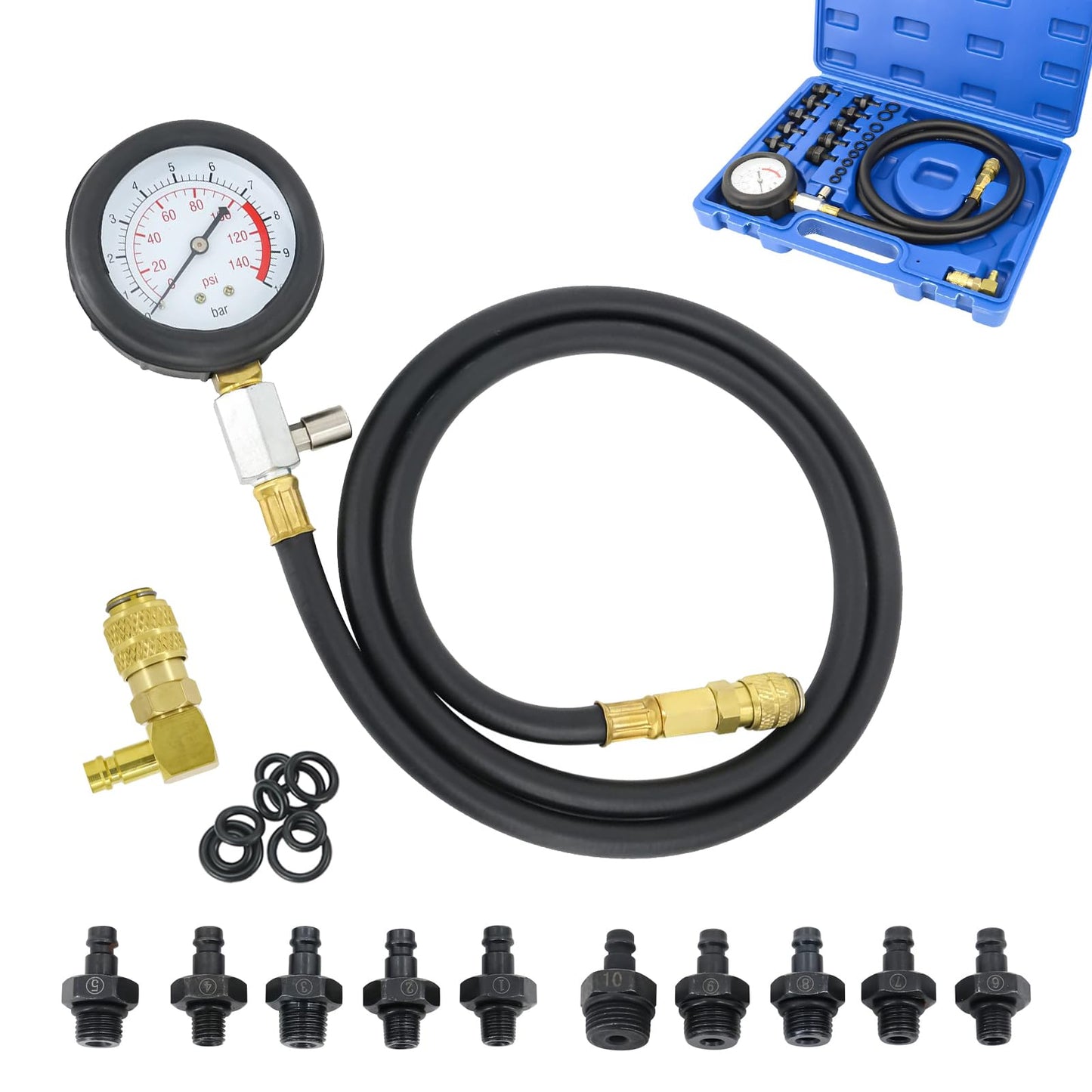 FreeTec oil pressure gauge, 140 PSI 10 Bar engine cylinder oil pressure tester set, oil pressure gauge automotive tool for car truck tractor (blue)