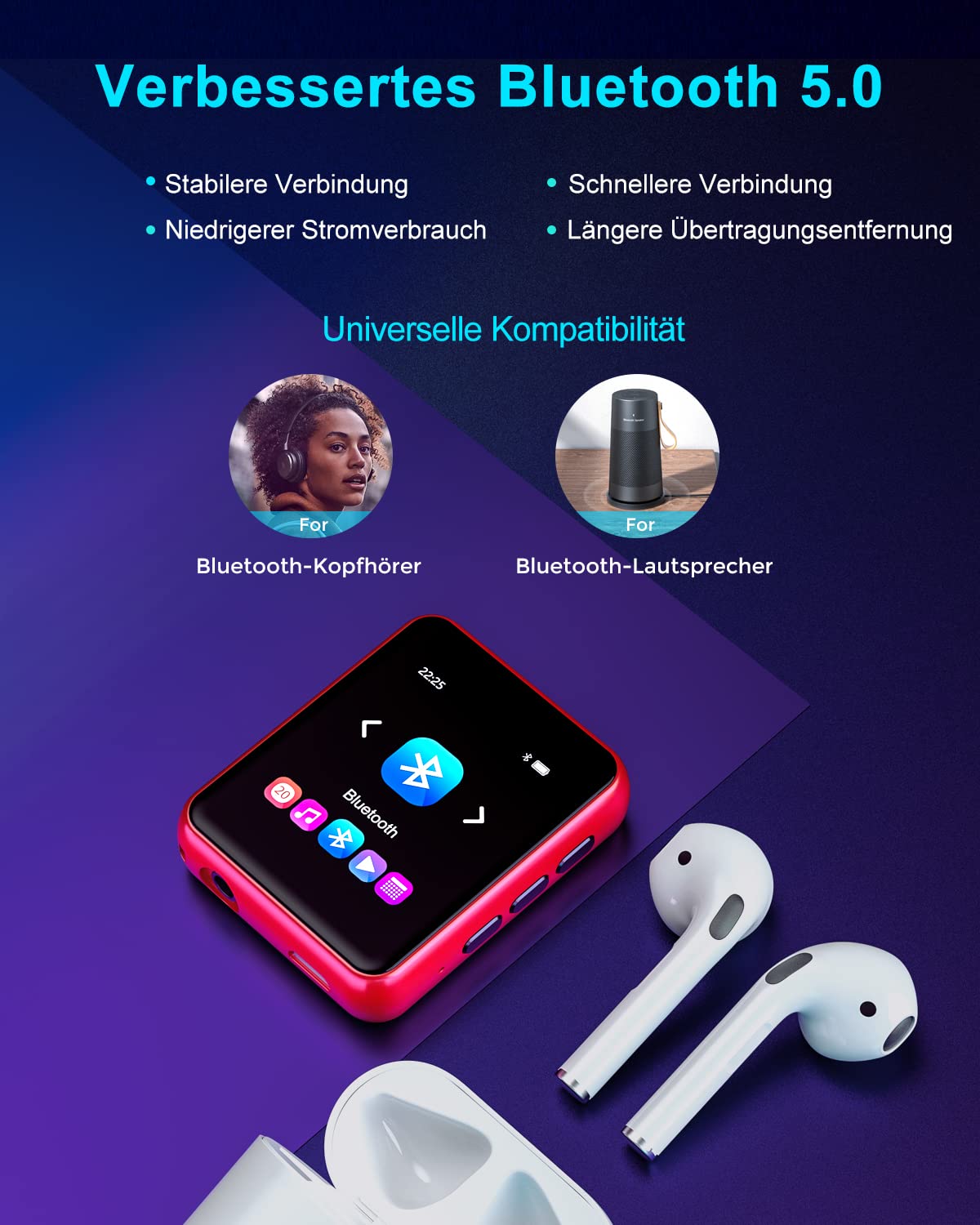 32GB MP3 Player Bluetooth 5.0, HiFi Lossless Sound Music Player with Speaker, Line-in Voice Recorder, FM Radio, 1.8" Full Touchscreen, Support up to 128 GB (with Headphones, Case)