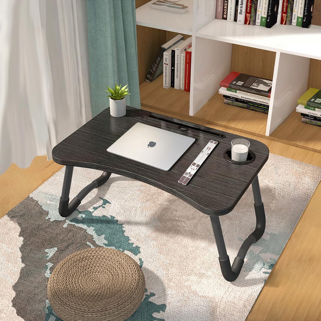 Laptop table, tray table, foldable and portable laptop bed table, reading table, breakfast tray, notebook table, drink holder, book tray, for living room, office, and on the go, sofa or floor | 60 x 40 cm, black