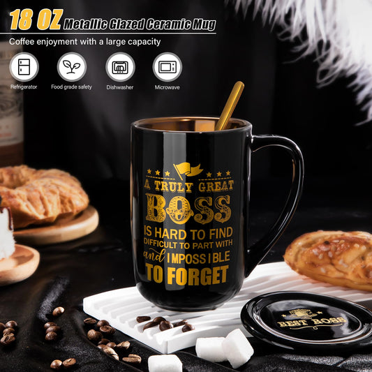 Doublewhale Boss Gifts, Best Boss Mug, Gifts for Men for Birthday, Farewell, Night Out, Retirement, Boss Day, Christmas, 530ml, black ceramic coffee mug with spoon lid card, beautiful.