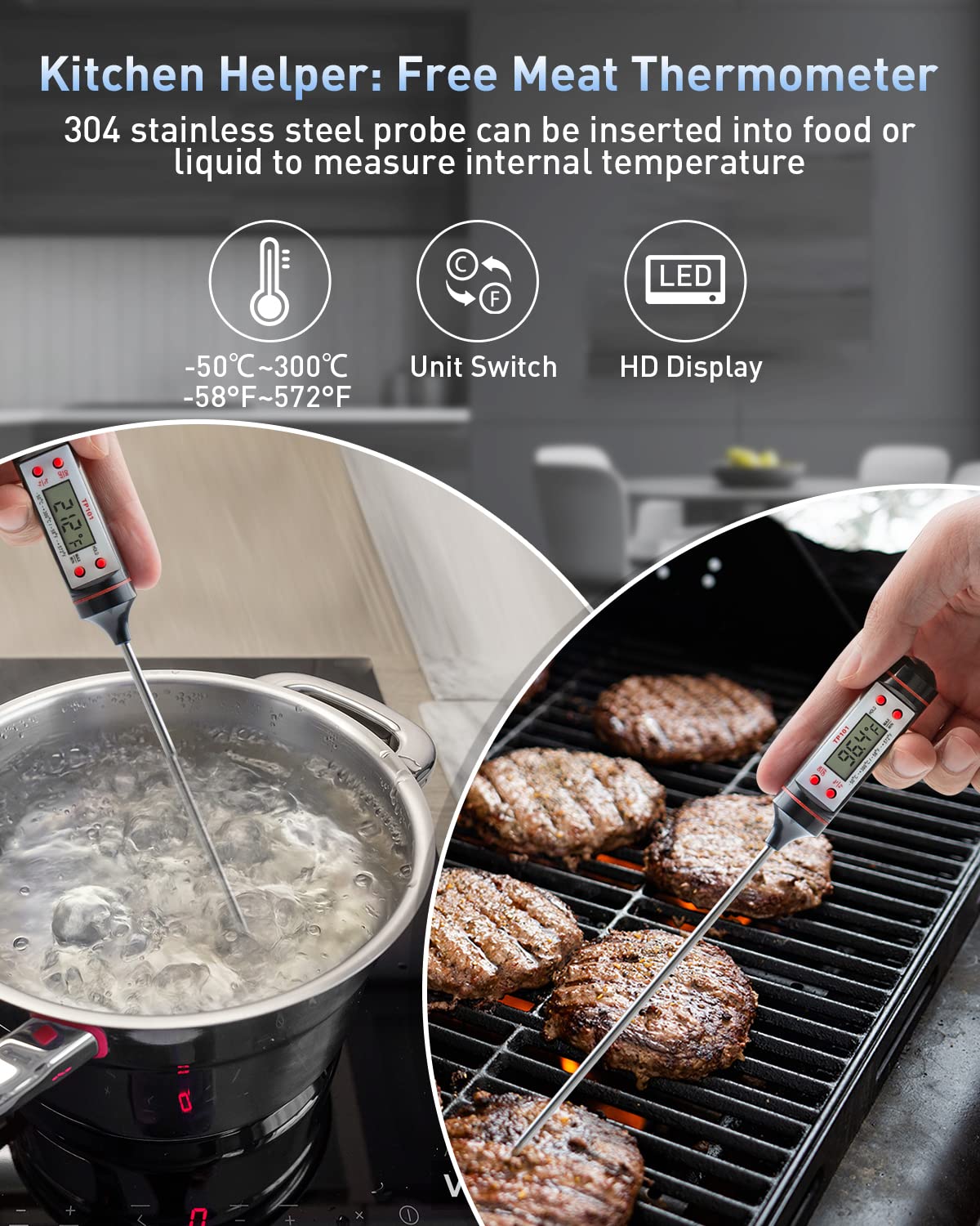 Eventek Infrared Thermometer, [3 in 1] -50°C～600°C (-58°F~1112°F), IR Pyrometer Non-Contact Digital Laser Temperature Gun with Meat Thermometer & Case, for Kitchen/Barbecue/Industry.