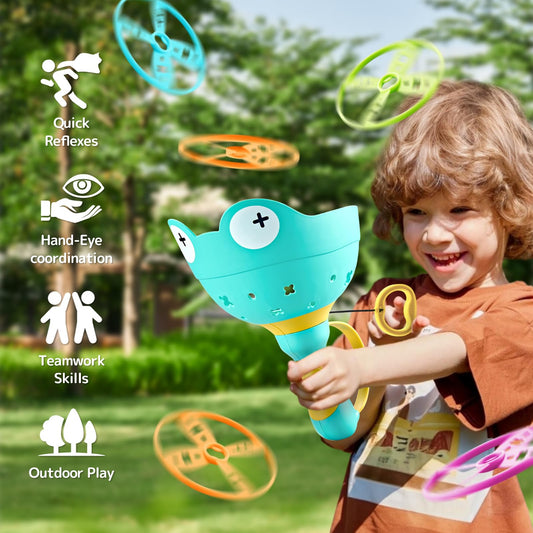 Outdoor toys for kids aged 4-8, including a flying saucer launcher game with 2 packs and 24 discs. Also, propeller toy for kids aged 3-6.