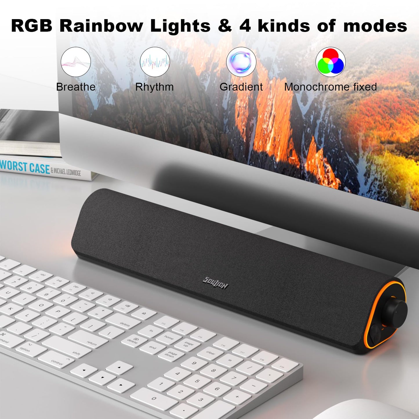 SOULION R50 PC speakers, Bluetooth & 3.5mm computer speakers, USB powered, colorful lights, soundbar with switch for PC, laptop, tablet, monitor, smartphone, 42x7x9cm, black
