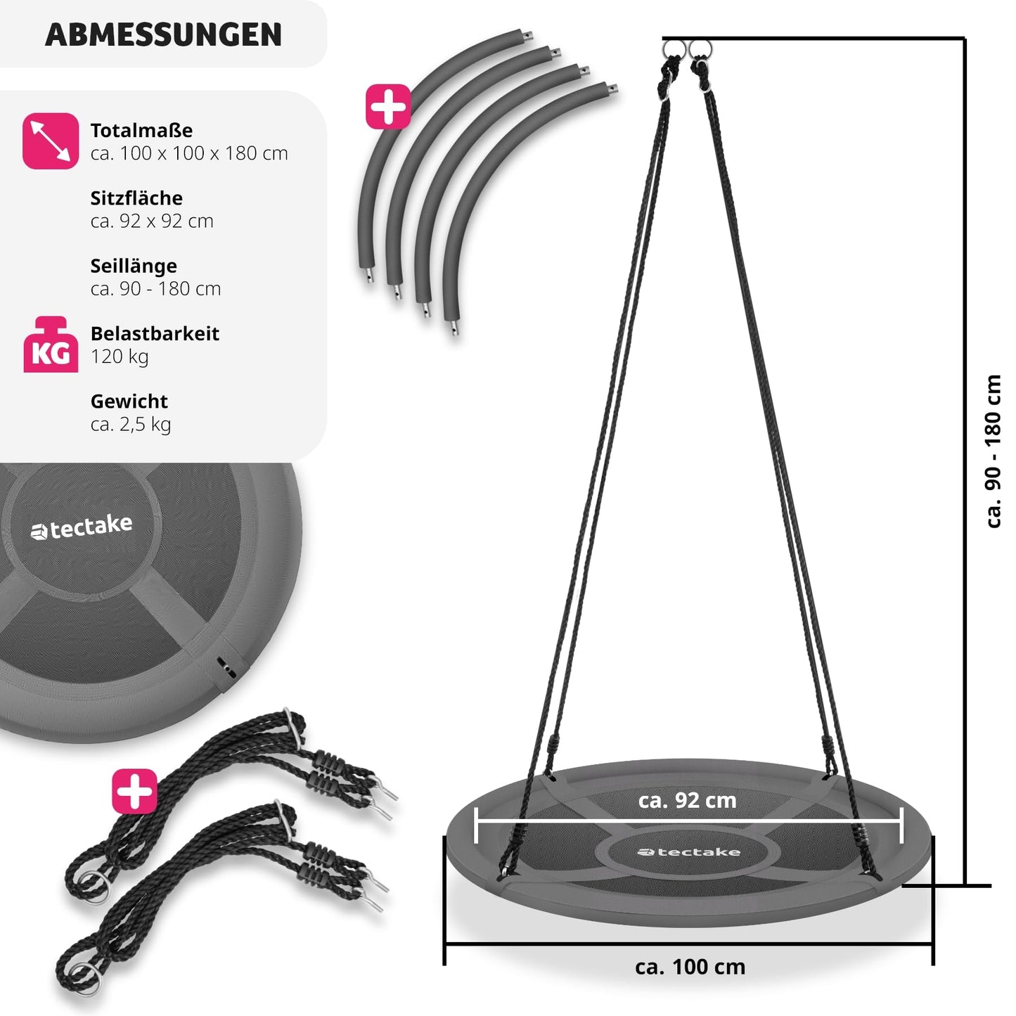 tectake® Nest Swing, capacity up to 120 kg, swing for children and adults, outdoor garden swing or indoor hanging chair, toy for garden or children's room (SIZE Ø 100 cm)