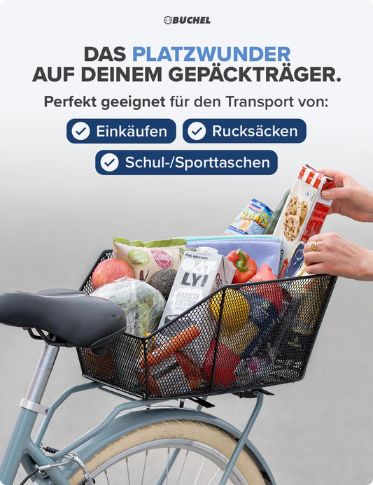 BÜCHEL Rear Bike Basket | XXL Jumbo Pro with mounting material for bicycle luggage rack | up to 10kg load capacity | Bike basket for children's bike