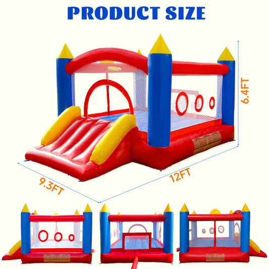 Ballsea PVC Inflatable Bounce House with blower, trampoline, slide, safety net. Made of PVC, suitable for home, outdoor, kindergarten, or commercial use. Size: 365 * 283 * 195cm.