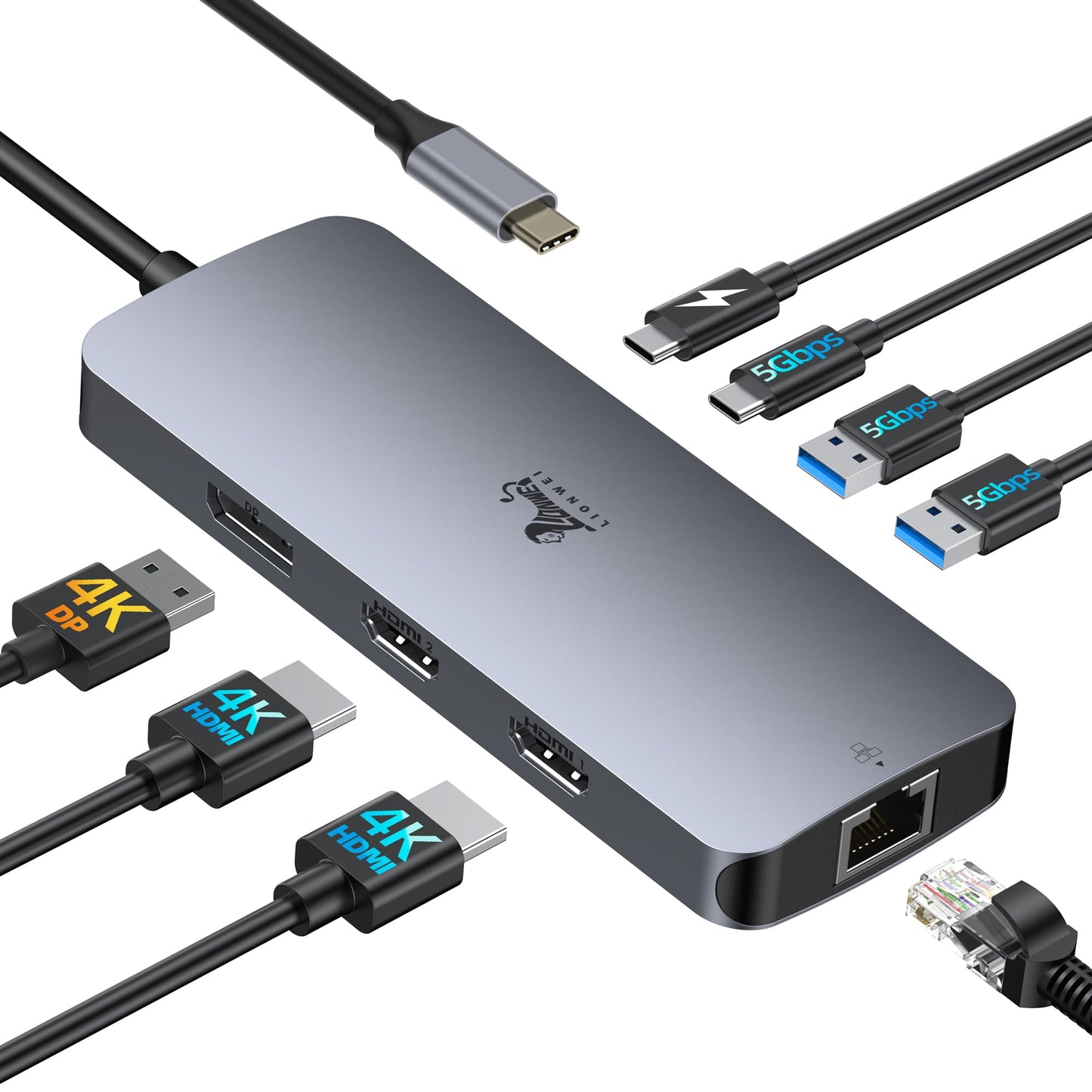 USB C Docking Station Dual Monitor 8 in 1 Laptop Docking Station for 2 Monitors with 4K Dual HDMI, DisplayPort, 1Gbps Ethernet, 100W PD, 3 USB A/C 3.0 Adapter. Compatible with Dell, HP.