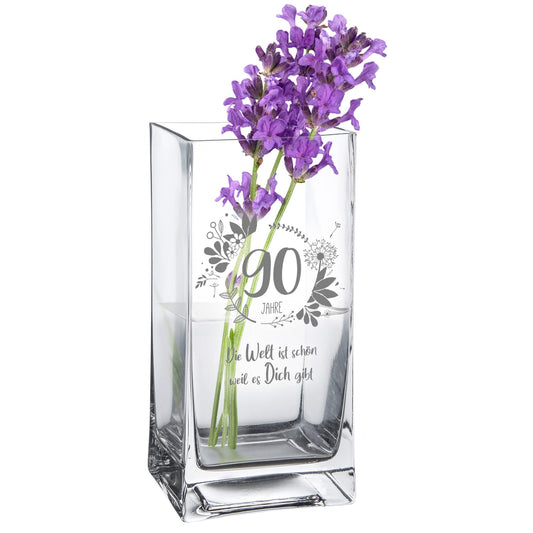 Casa Vivente vase for 90th birthday with sweet engraving. Square glass vase with age and saying as birthday gift for women. Flower vase for modern decoration.