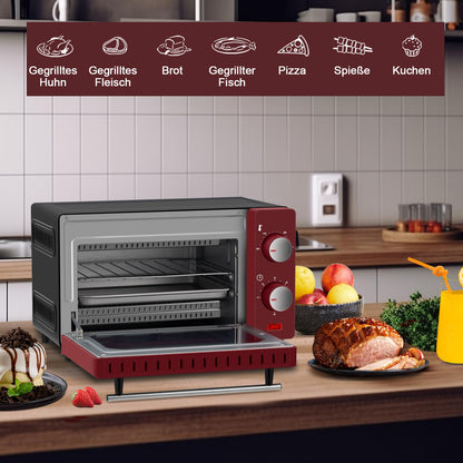 WOLTU Mini Oven 10 Liters, 650 Watts Toaster Oven, small electric oven, 100-230 °C, 60 min., top and bottom heat, with baking tray, grill grate, and detachable handle, red+black.