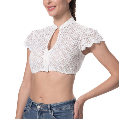 Dirndl party blouse with buttons, traditional white blouse for women with lace and short sleeves. Elastic cream dirndl blouse with button closure for Oktoberfest, size 36.