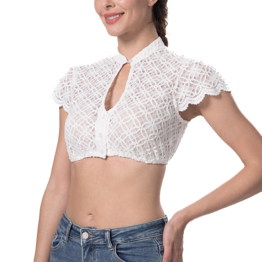 Dirndl party blouse with buttons, traditional white blouse for women with lace and short sleeves. Elastic cream dirndl blouse with button closure for Oktoberfest, size 36.