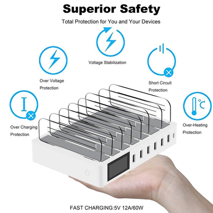 Charging station for multiple devices with 7 ports. Includes 7 short cables. Multi-device charging dock, 70W QC3.0 desktop station compatible with iPhone, iPad, Samsung, and other smartphones.