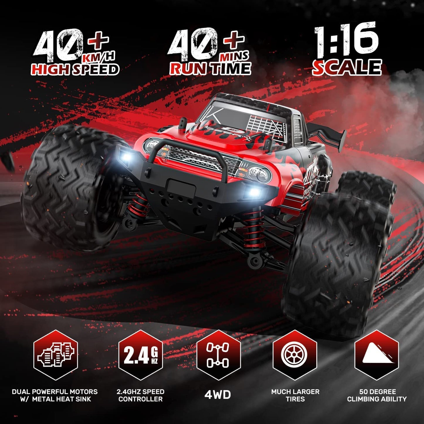 DEERC Remote Control Car, 1:16 Scale RC Car for Adults, 40 KM/H, 4WD All Terrain Off-Road 2.4Ghz RC Crawler with LED Light, 2 Batteries, Toy Gift for Kids