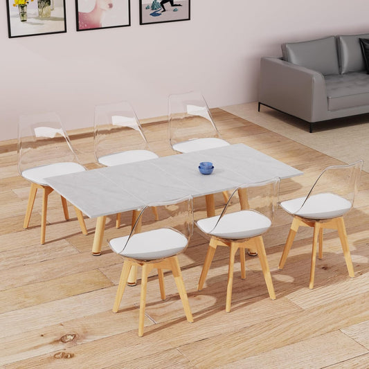 JIJIAN set of 6 dining chairs, transparent TPE backrest, beech wood legs, PU leather upholstered, Nordic style. Suitable for dining room, kitchen, living room, office, cafe.