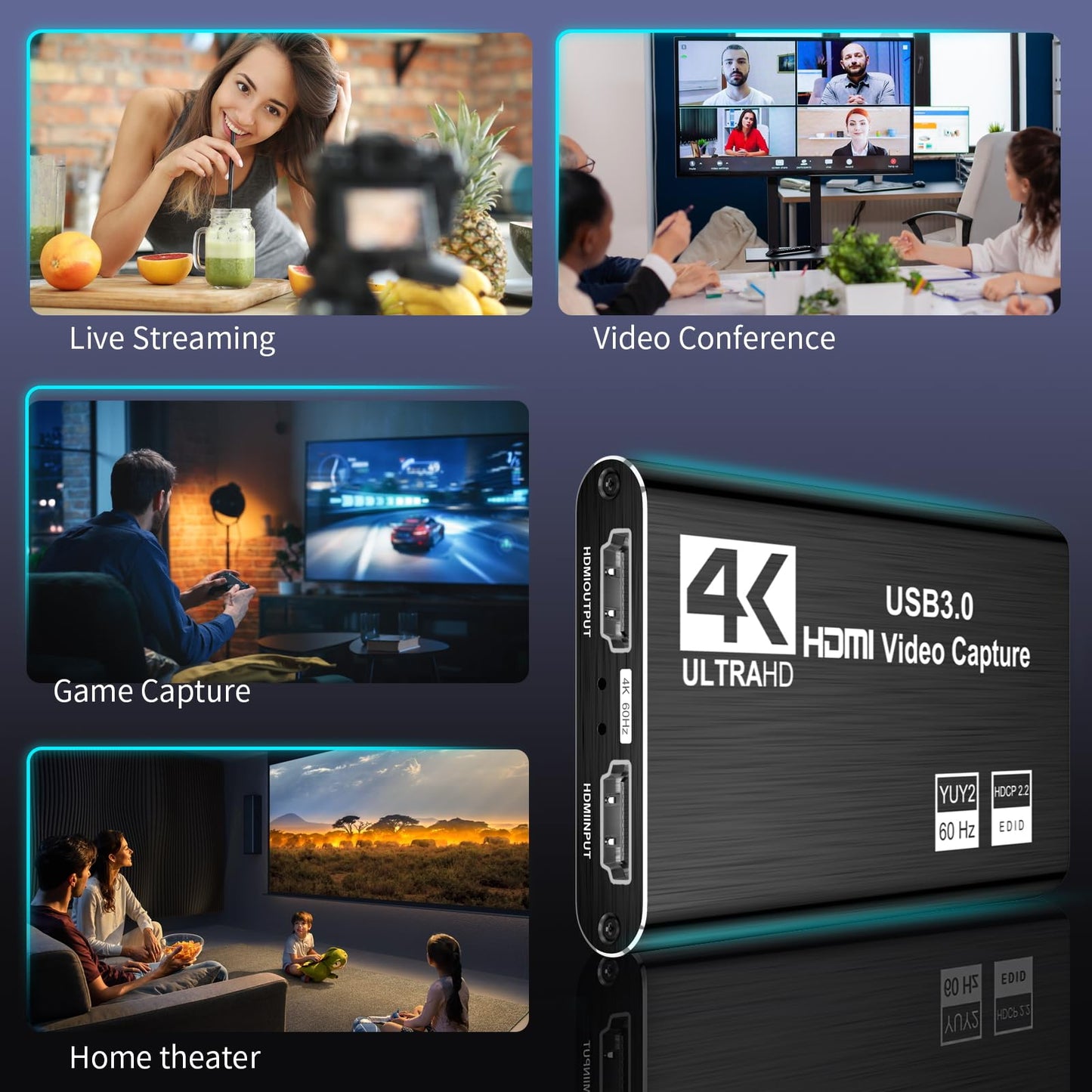 XIIXMASK Video Capture Card, Audio Video Capture Card, USB 3.0 Capture Card with 4K HDMI Loop-Out, 1080P 60FPS/2K 30FPS video game capture for streaming, compatible with PS5/Switch/camera/PC/OBS.