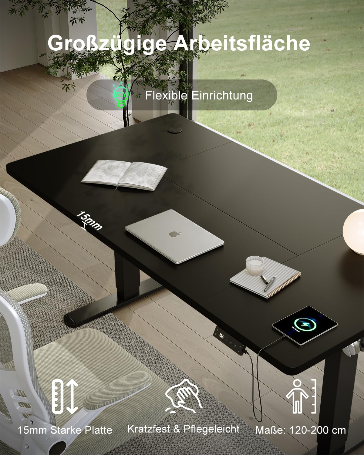 Devoko Height Adjustable Desk 160x80cm with Type-C Charging Port, Electric Height Adjustable Desk, Mobile Electric Computer Desk with Cable Management Tray, Black