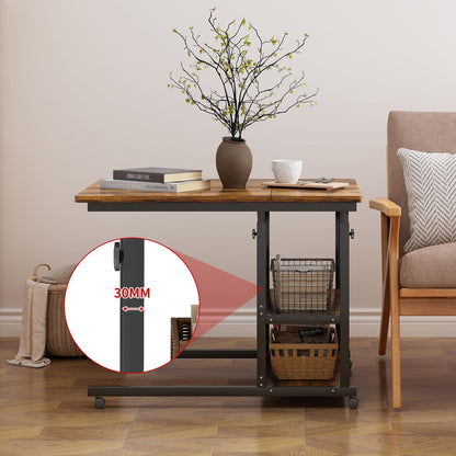 PIPIPOXER side table computer desk with socket and casters, height adjustable wooden desk with 80x40cm tabletop and 4 swivel 360° wheels for computer, laptop, bedroom.