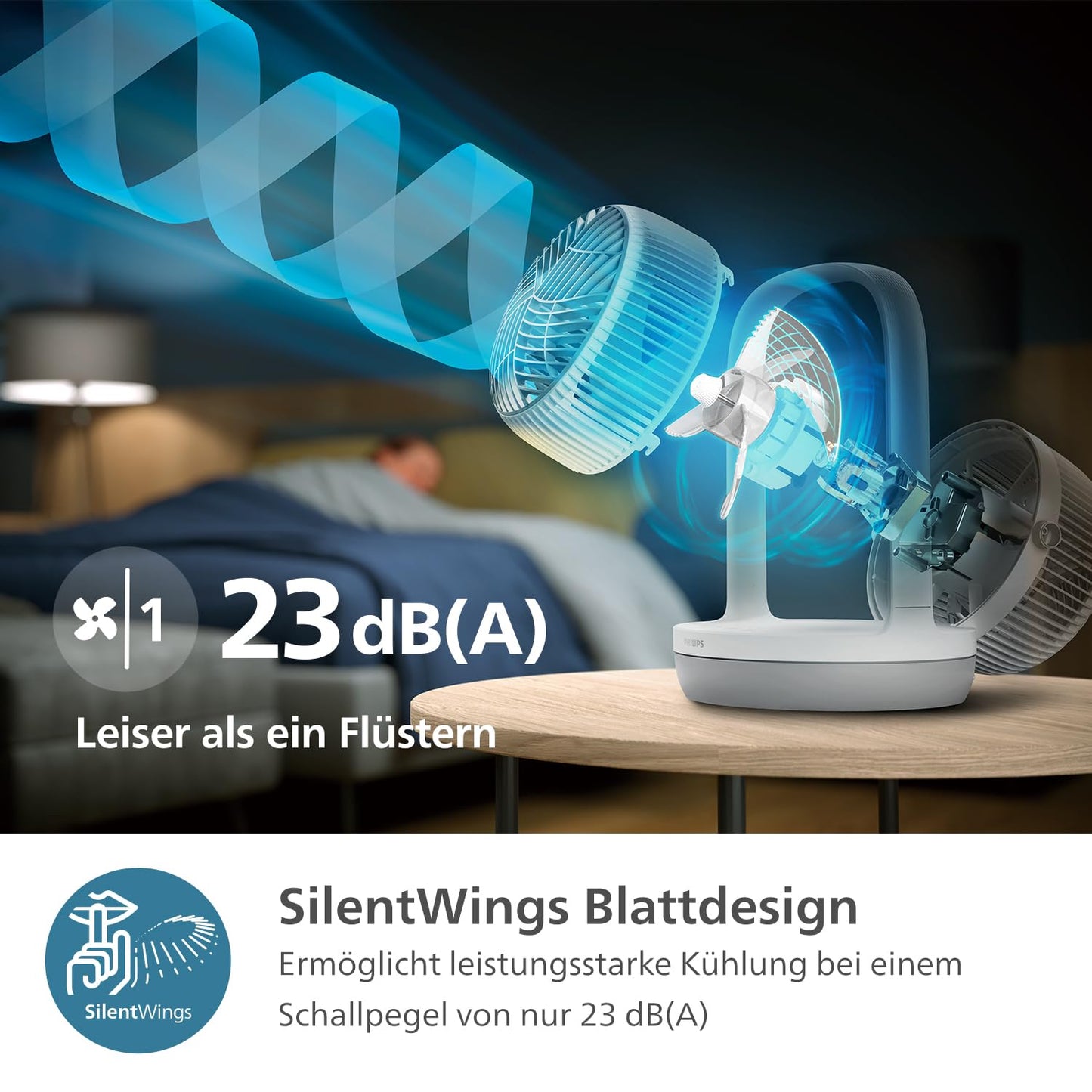 Philips Table Fan Series 2000. Powerful & super quiet with SilentWings Technology. 23 dB. Air circulation. Adjustable tilt up to 180°. 12-hour timer. Bedroom, home, & office. White (CX2050/00)