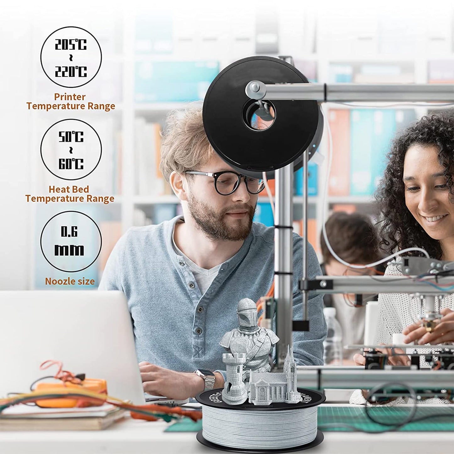 TEQStone PLA Filament 1.75mm Marble Grey, stone-like surface, precision +/- 0.03mm 3D printer filament Marble PLA 1kg spool vacuum packed