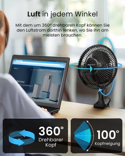 Pro Breeze Mini Fan with Clip, 20cm diameter, 2 speed settings, sturdy clip - quiet fan, ideal as a table fan on the desk, for grow box, at home in the bedroom