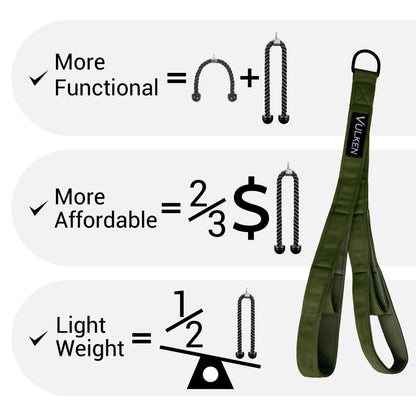 Vulken tricep rope cable attachment, 28.7 inches & 22 inches, two lengths, integrated rope, extendable, tricep extension straps, fitness equipment, green