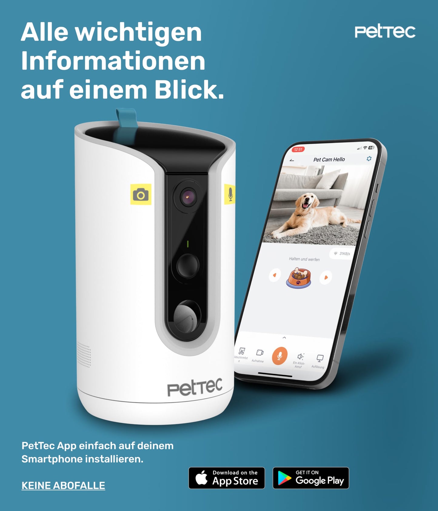 PetTec® pet camera 360° and automatic feeder with treat dispenser - via app & multi-button - bark detection - 3MP night vision function - dog camera & cat camera
